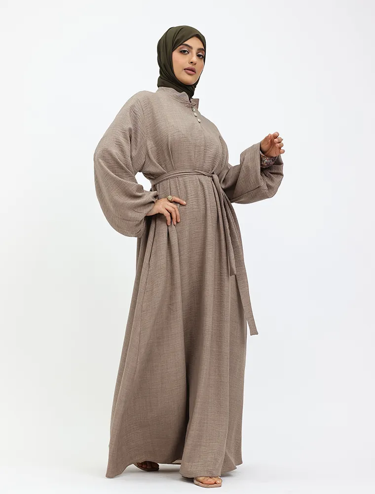 Mocha Linen Feel Nehru Collar Maxi
